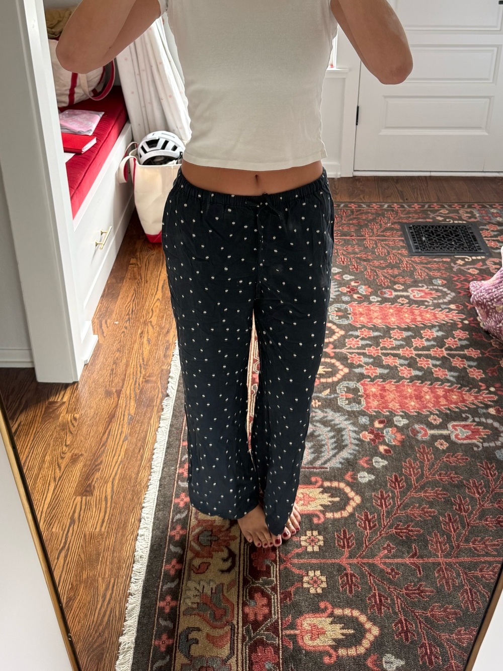Marine Layer navy polka dot trousers with elastic waistband and front pockets